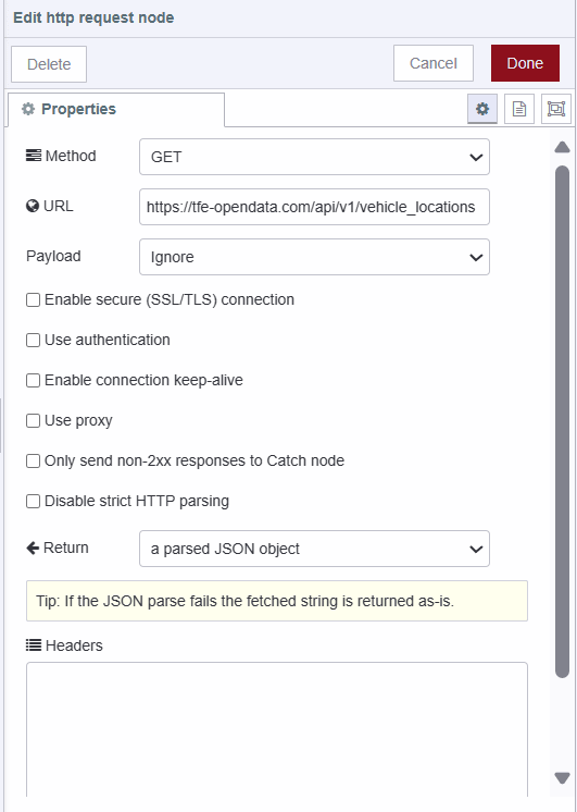 Screenshot of the HTTP request node configuration for retrieving data from the API "Screenshot of the HTTP request node configuration for retrieving data from the API"