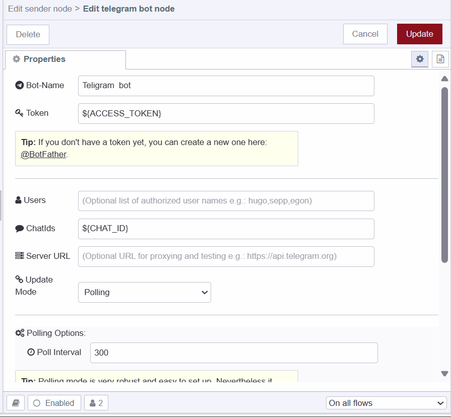 "Screenshot displaying telegram custom node configuration"